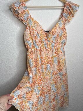 Hesperus Floral Ruffle Sleeve Mini Dress Size XL, Orange Yellow Ditsy Print New